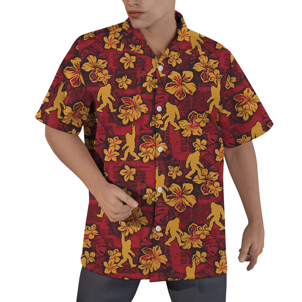 Bigfoot Hibiscus Vintage Red Aloha Shirt - variant image 1