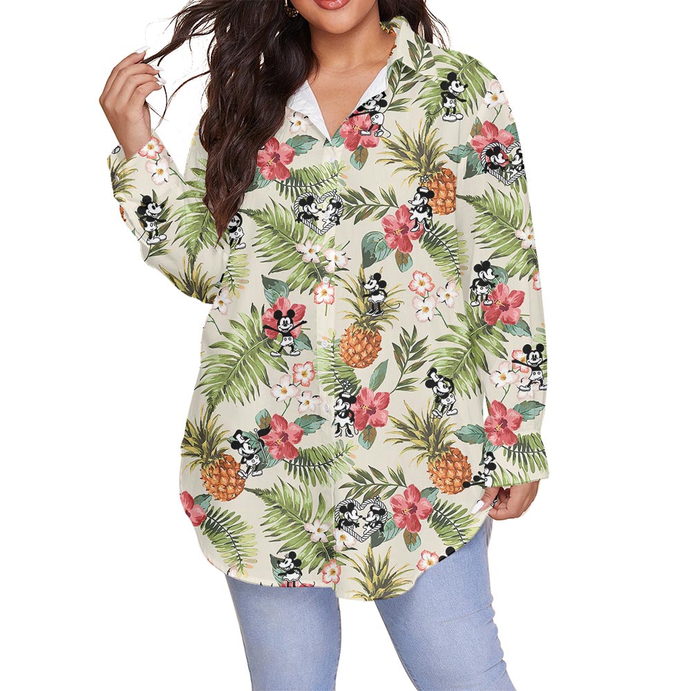Floral Mickey Minnie Steamboat Willie Mouse Plus Size Women's Shirt - variant image 1