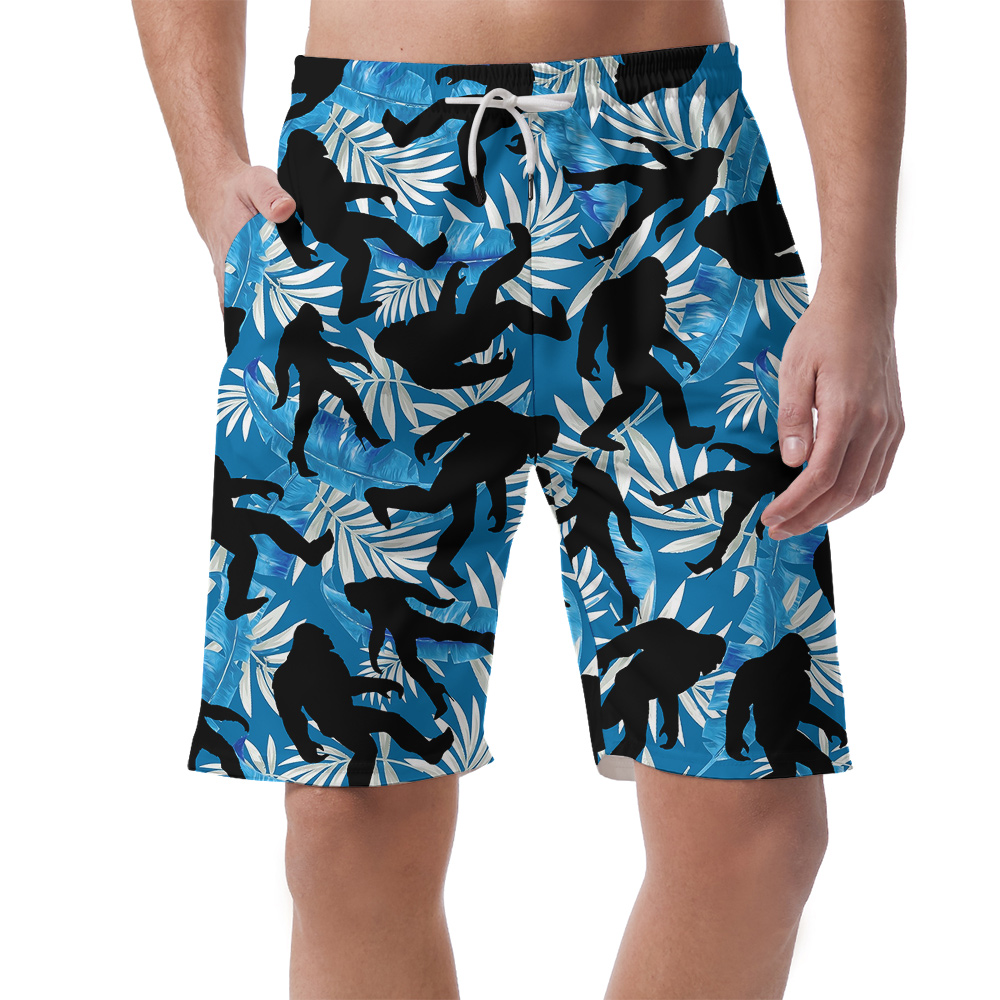 Funny Bigfoot On High Heels Tropical Leaves Navy Hawaiian Beach Shorts - variant image 1