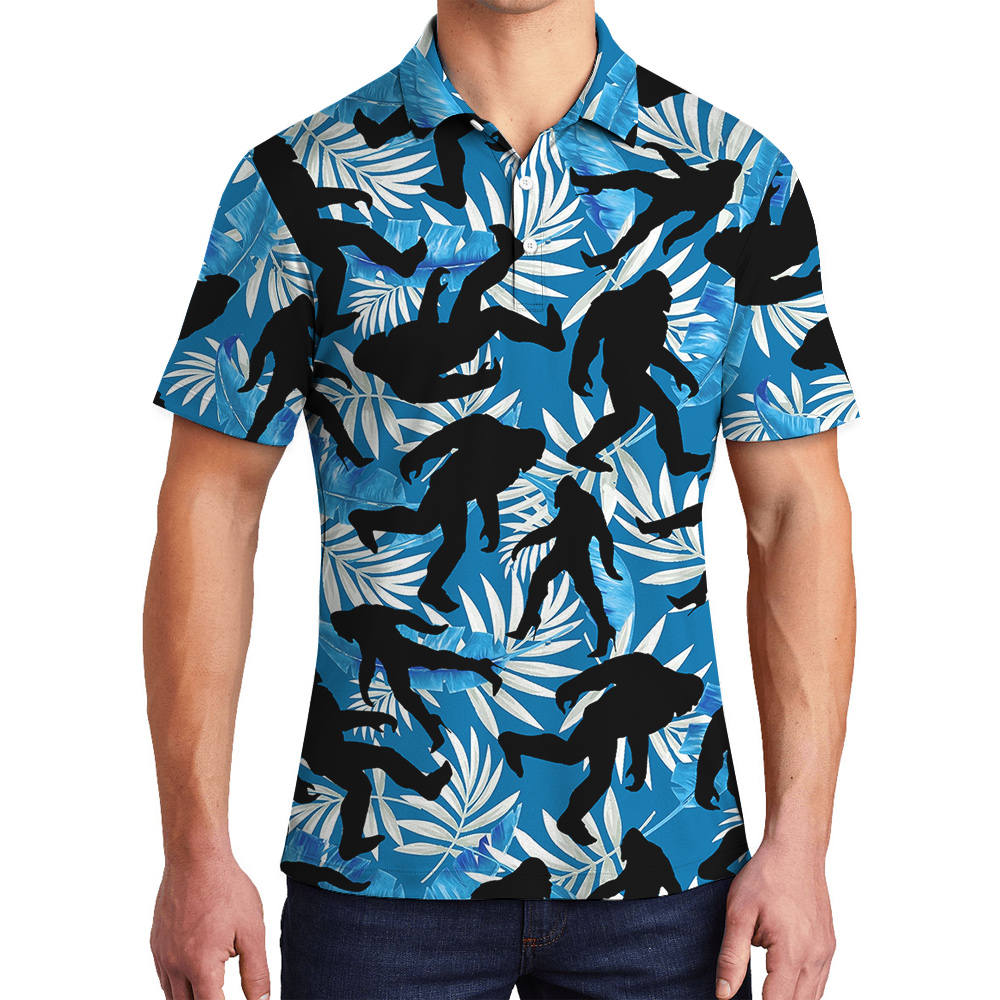 Tropical Bigfoot With High Heels Navy Hawaiian Polo Shirt - variant image 1
