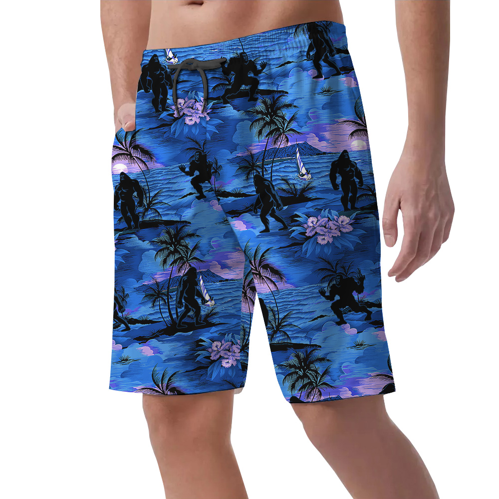 Tropical Islands Palm Trees Sunset Beach Bigfoot Navy Hawaiian Beach Shorts For Men