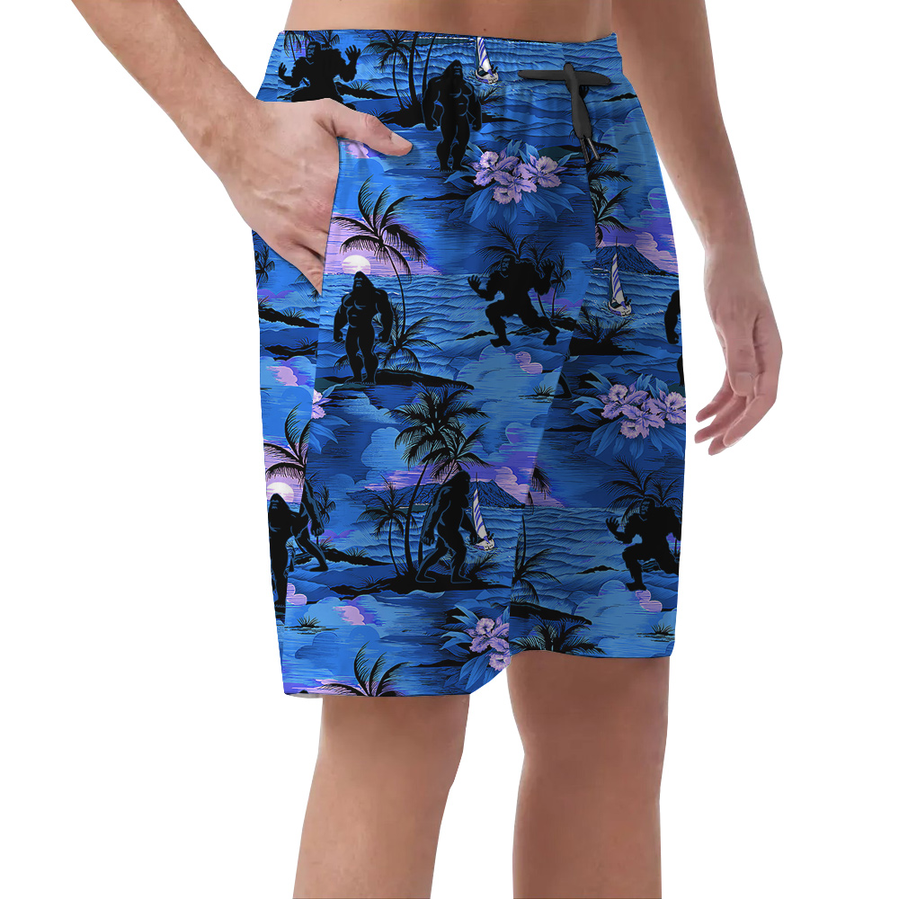 Tropical Islands Palm Trees Sunset Beach Bigfoot Navy Hawaiian Beach Shorts For Men
