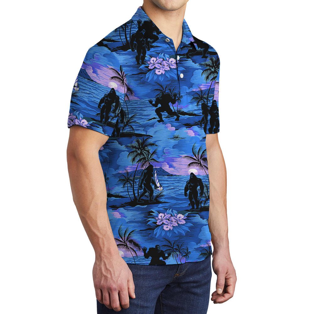 Tropical Sunset Beach Palm Trees Navy Bigfoot Hawaiian Polo Shirt