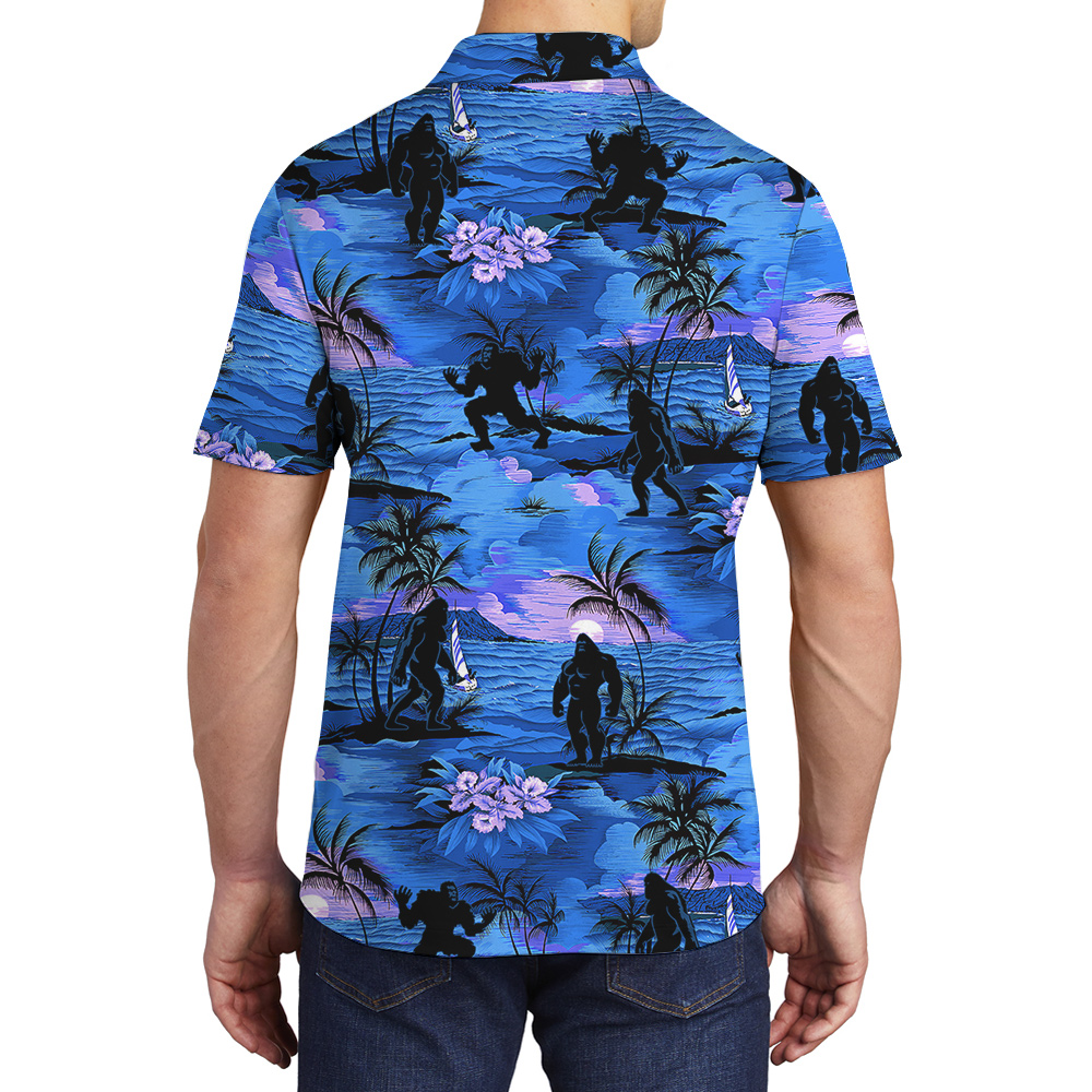 Tropical Sunset Beach Palm Trees Navy Bigfoot Hawaiian Polo Shirt