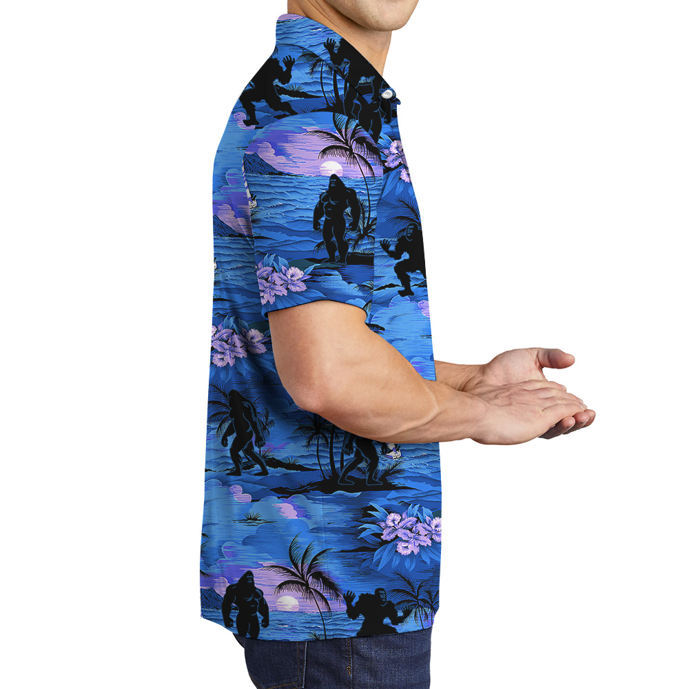 Tropical Sunset Beach Palm Trees Navy Bigfoot Hawaiian Polo Shirt