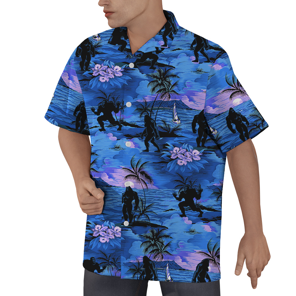 Navy Tropical Islands Palm Trees Bigfoot Hawaiian Shirt