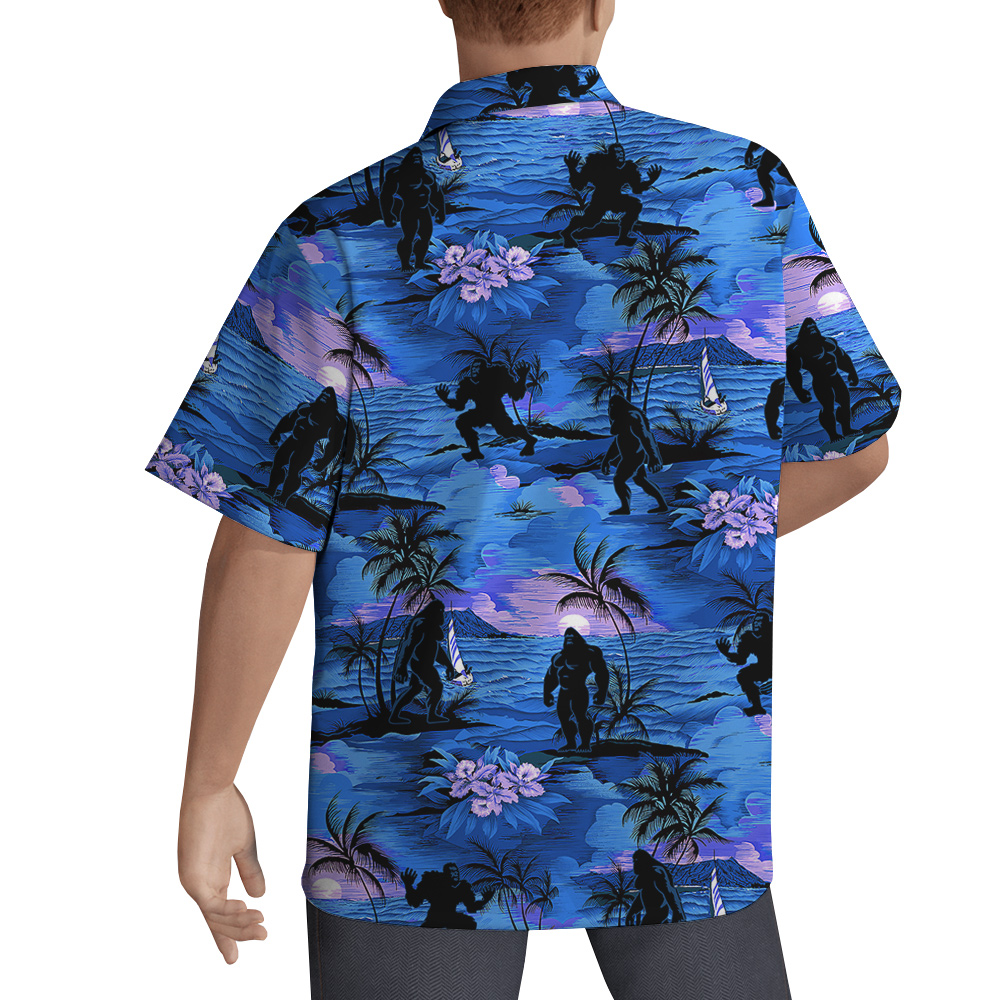 Navy Tropical Islands Palm Trees Bigfoot Hawaiian Shirt