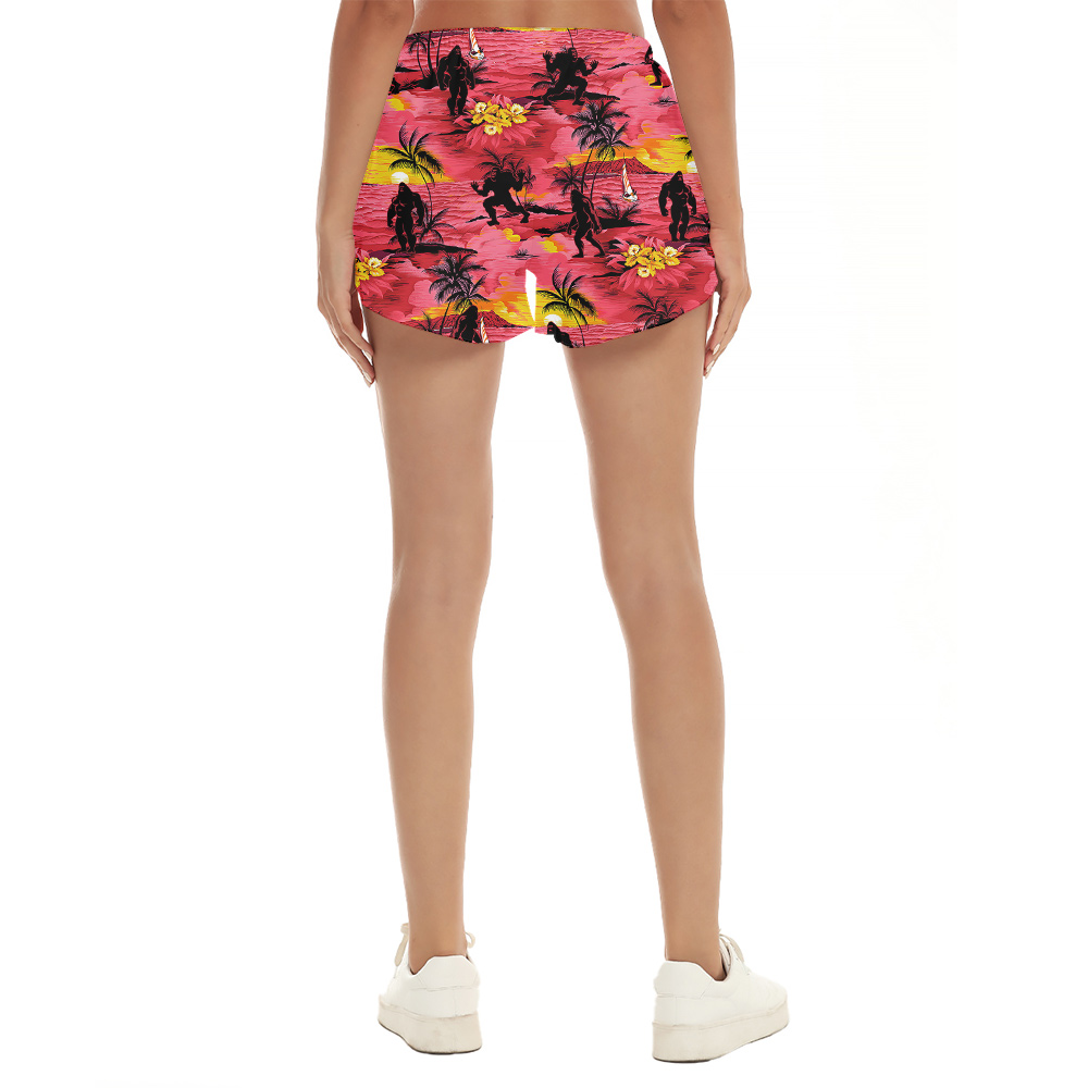 Red Tropical Sunset Palm Trees Bigfoot Summer Shorts For Women