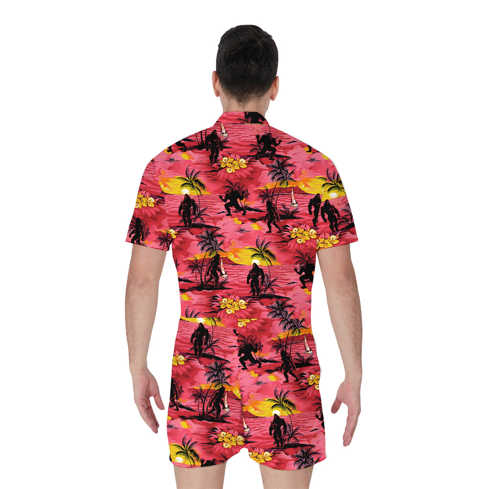 Cool Tropical Sunset Beach Theme Bigfoot Red Men's Hawaiian Romper