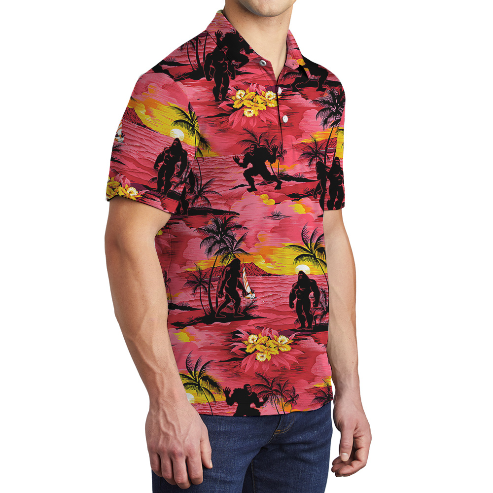 Classic Sasquatch Tropical Islands Red Hawaiian Polo Golf Shirt