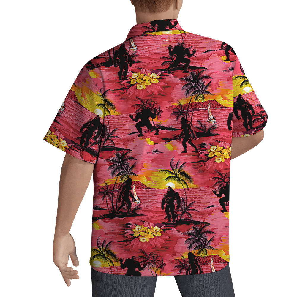 Cool Bigfoot Tropical Sunset Beach Palm Trees Red Hawaiian Shirt