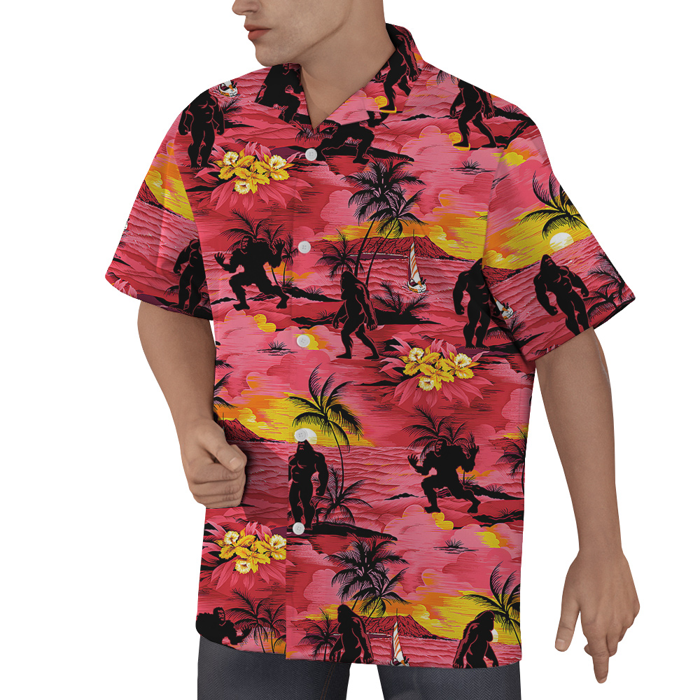 Cool Bigfoot Tropical Sunset Beach Palm Trees Red Hawaiian Shirt