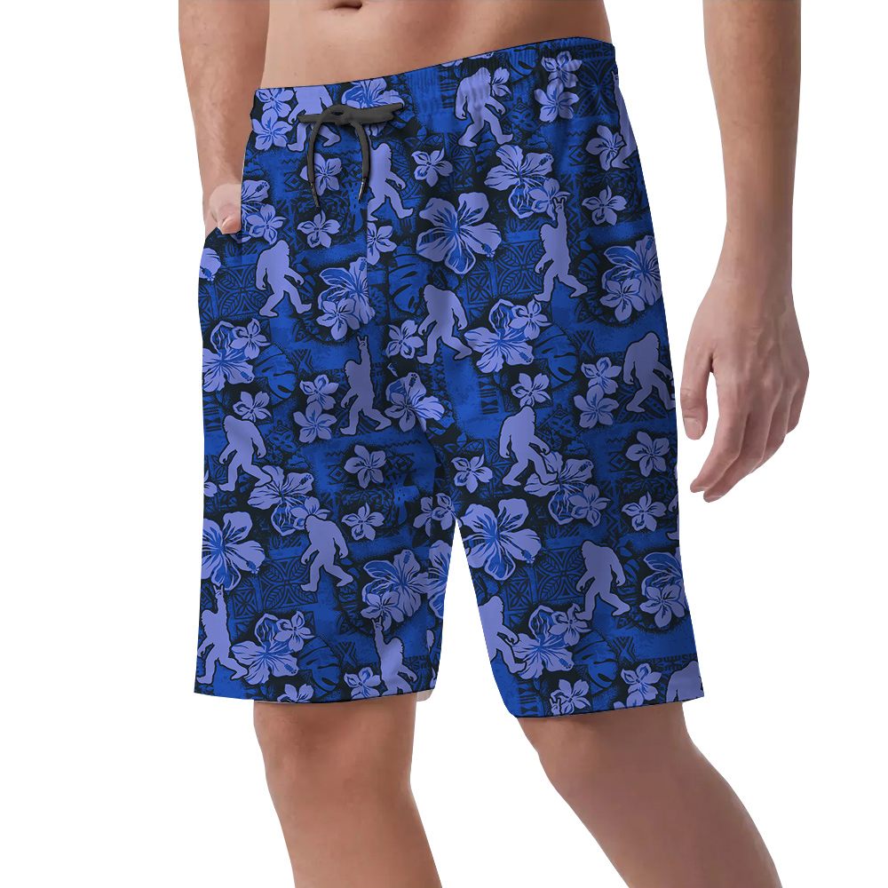 Vintage Hibiscus Sasquatch Navy Hawaiian Beach Shorts For Men
