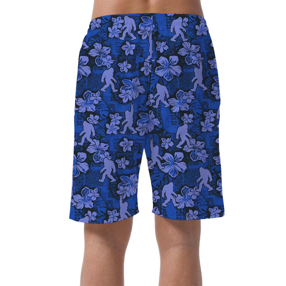 Vintage Hibiscus Sasquatch Navy Hawaiian Beach Shorts For Men
