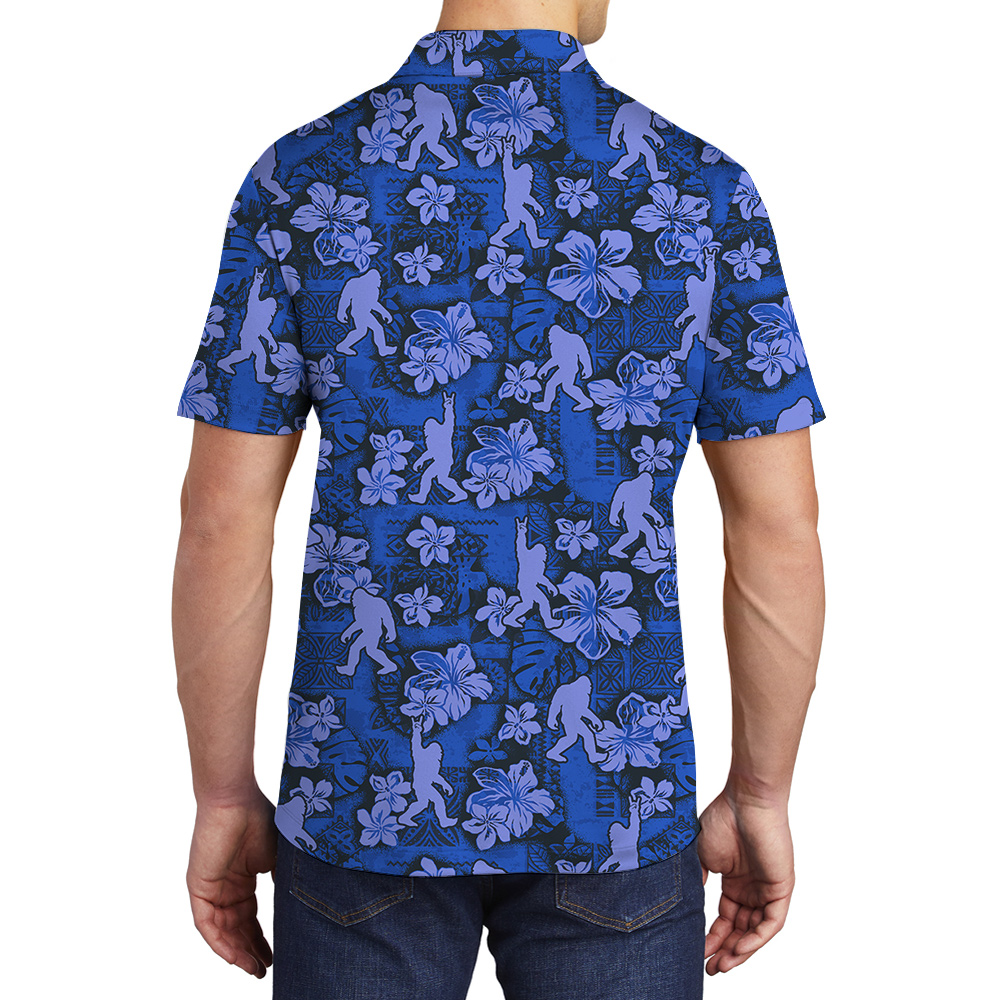 Navy Hibiscus Bigfoot Vintage Hawaiian Polo Golf Shirt For Men