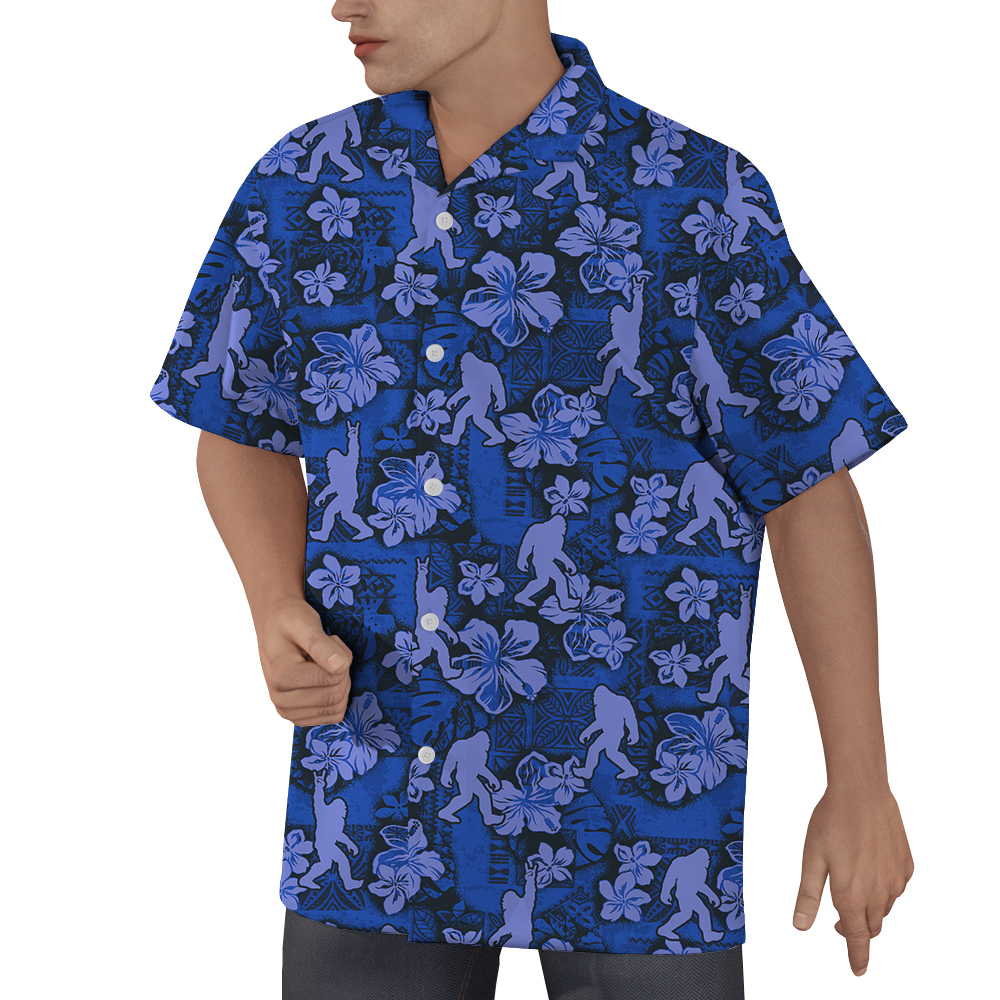 Cool Bigfoot Vintage Hibiscus Navy Hawaiian Button Up Shirt