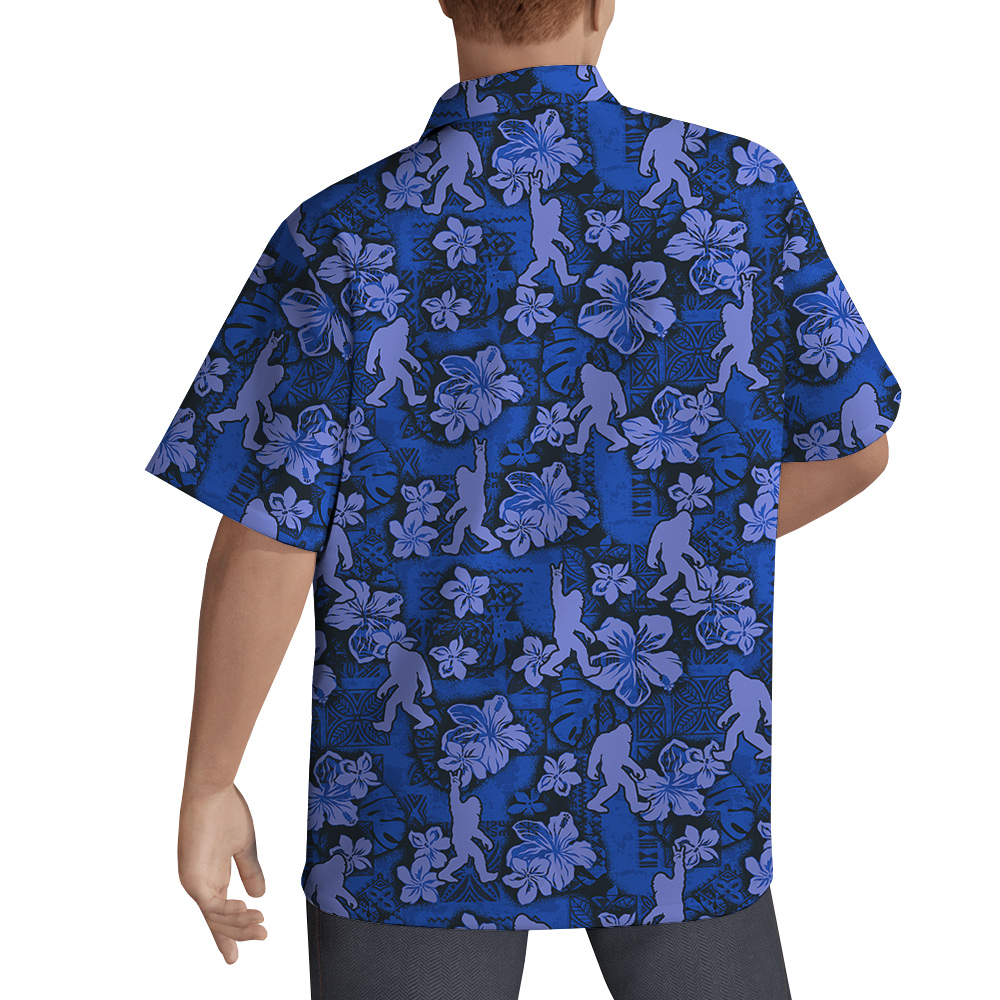 Cool Bigfoot Vintage Hibiscus Navy Hawaiian Button Up Shirt