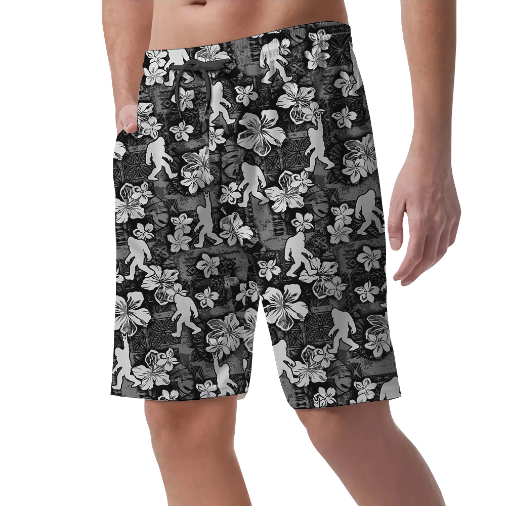 Cool Sasquatch Vintage Floral Black Hawaiian Beach Shorts For Men