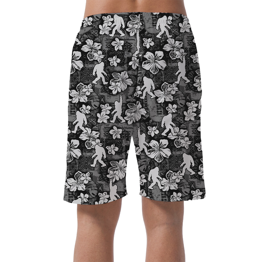 Cool Sasquatch Vintage Floral Black Hawaiian Beach Shorts For Men