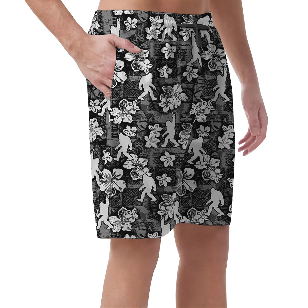 Cool Sasquatch Vintage Floral Black Hawaiian Beach Shorts For Men