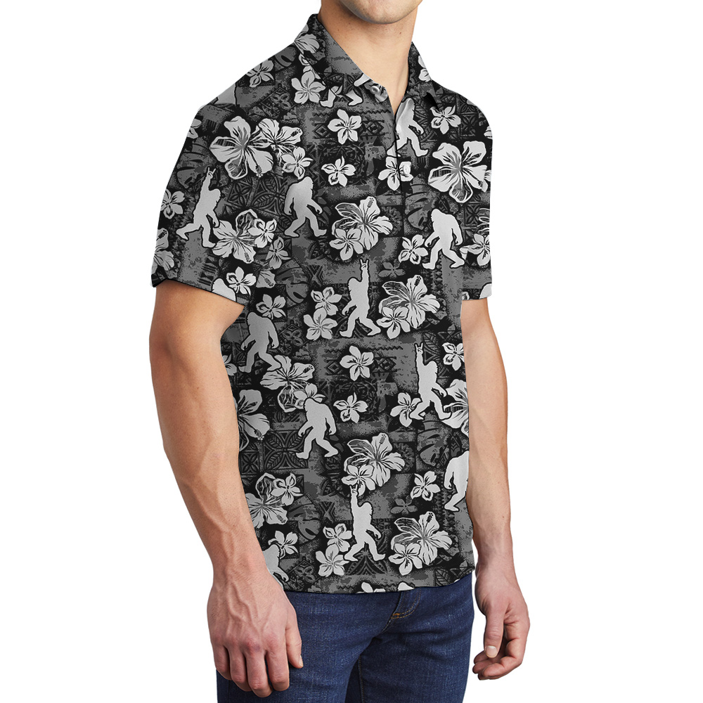 Classic Hibiscus Sasquatch Black Hawaiian Polo Golf Shirt
