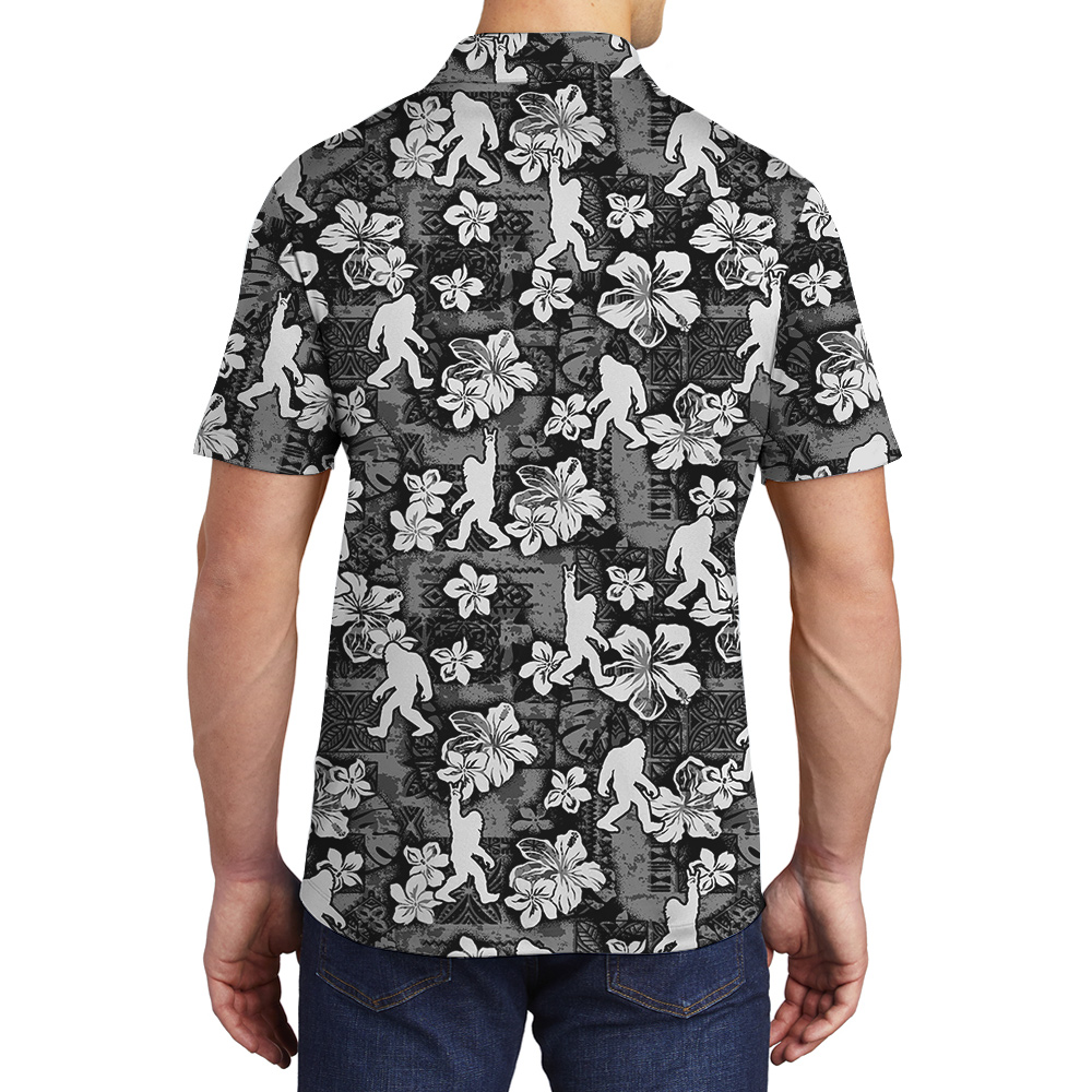 Classic Hibiscus Sasquatch Black Hawaiian Polo Golf Shirt