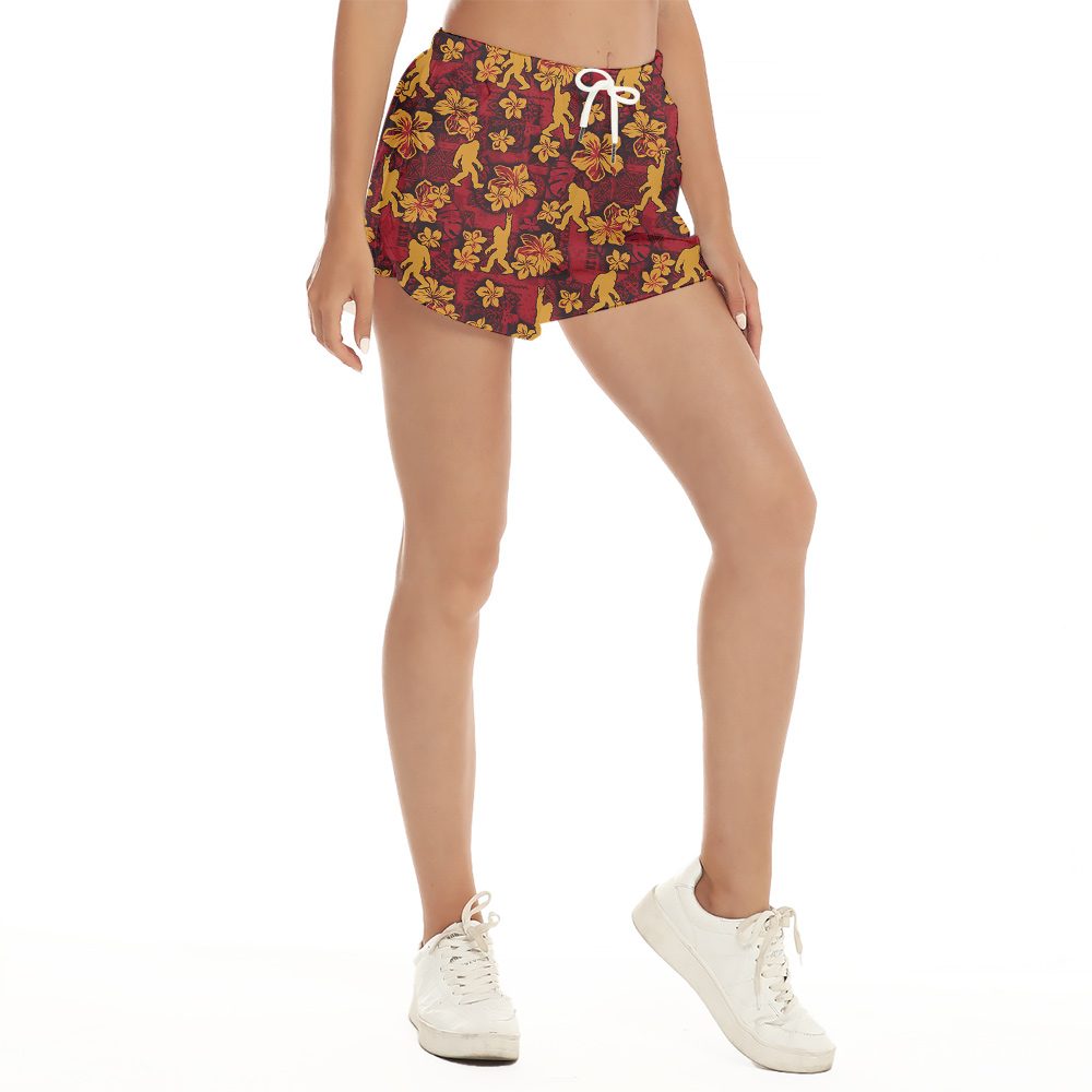 Sasquatch Vintage Hibiscus Red Hawaiian Beach Shorts For Women