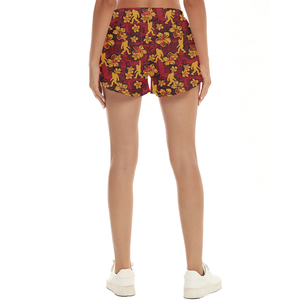 Sasquatch Vintage Hibiscus Red Hawaiian Beach Shorts For Women