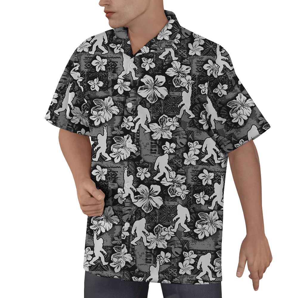 Funny Vintage Hibiscus Bigfoot Black Aloha Shirt With Short Sleeves