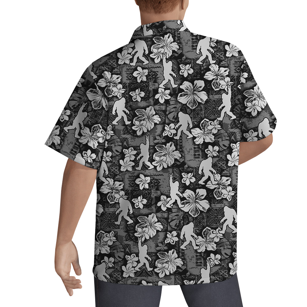 Funny Vintage Hibiscus Bigfoot Black Aloha Shirt With Short Sleeves