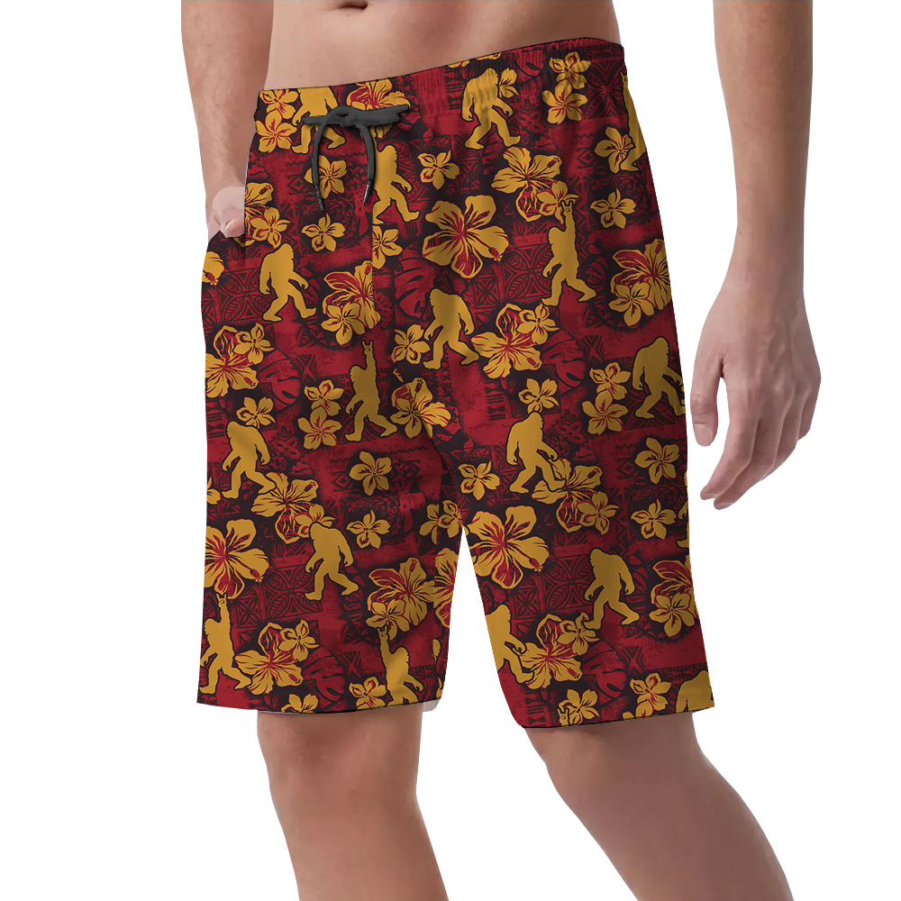 Cool Bigfoot Hibiscus Classic Red Hawaiian Beach Shorts For Men
