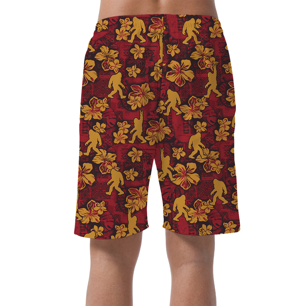 Cool Bigfoot Hibiscus Classic Red Hawaiian Beach Shorts For Men