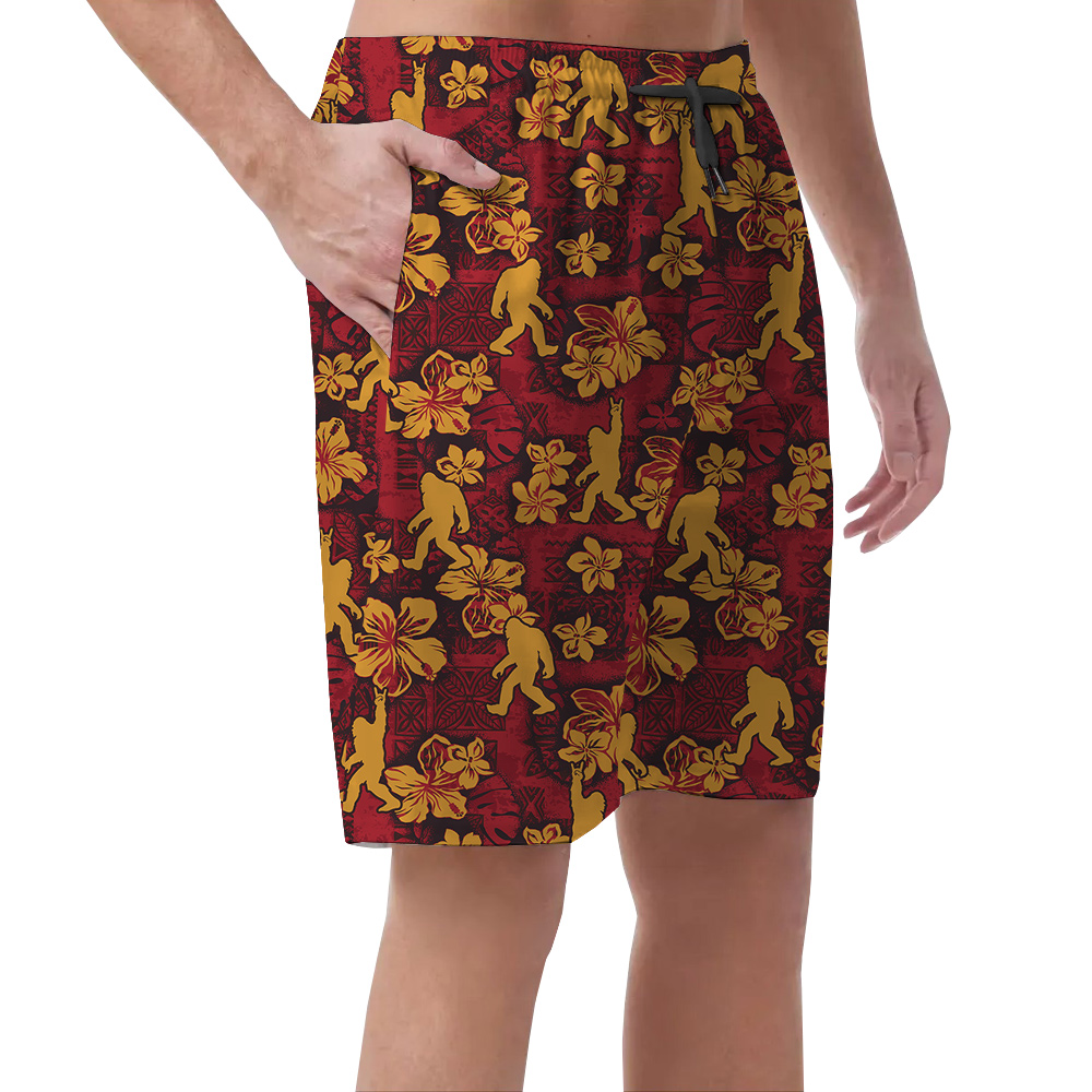 Cool Bigfoot Hibiscus Classic Red Hawaiian Beach Shorts For Men