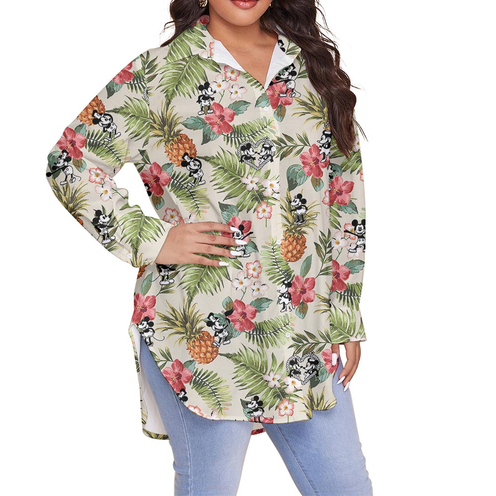 Floral Mickey Minnie Steamboat Willie Mouse Plus Size Women's Shirt
