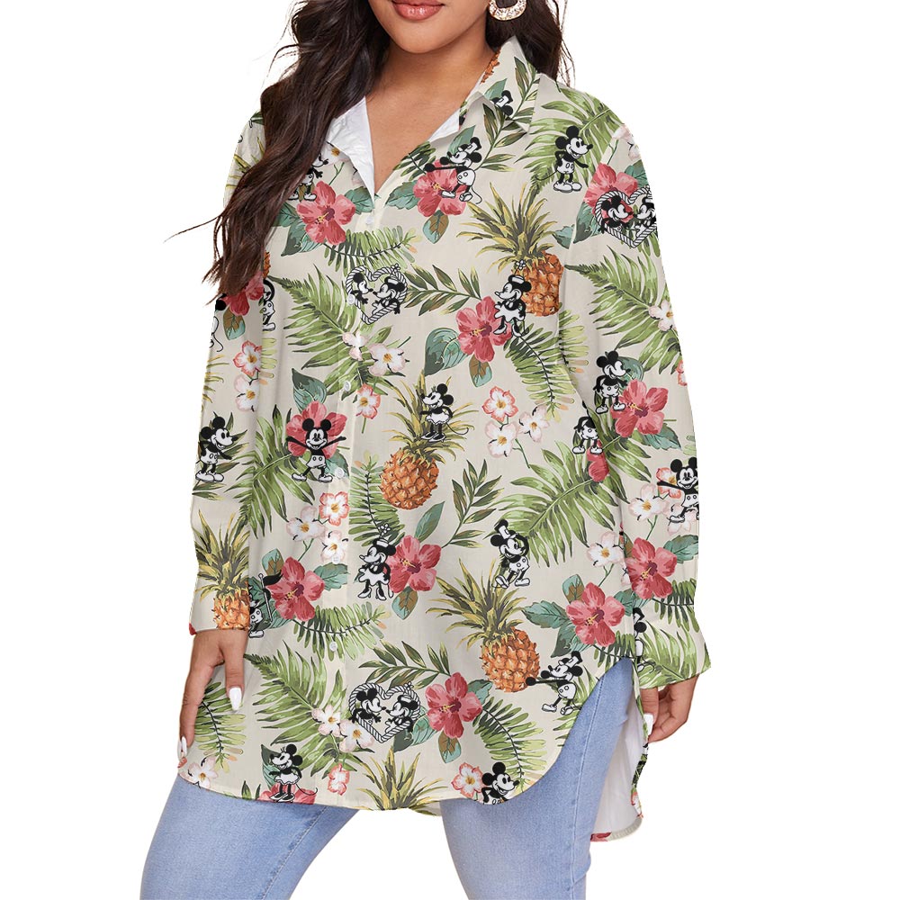 Floral Mickey Minnie Steamboat Willie Mouse Plus Size Women's Shirt