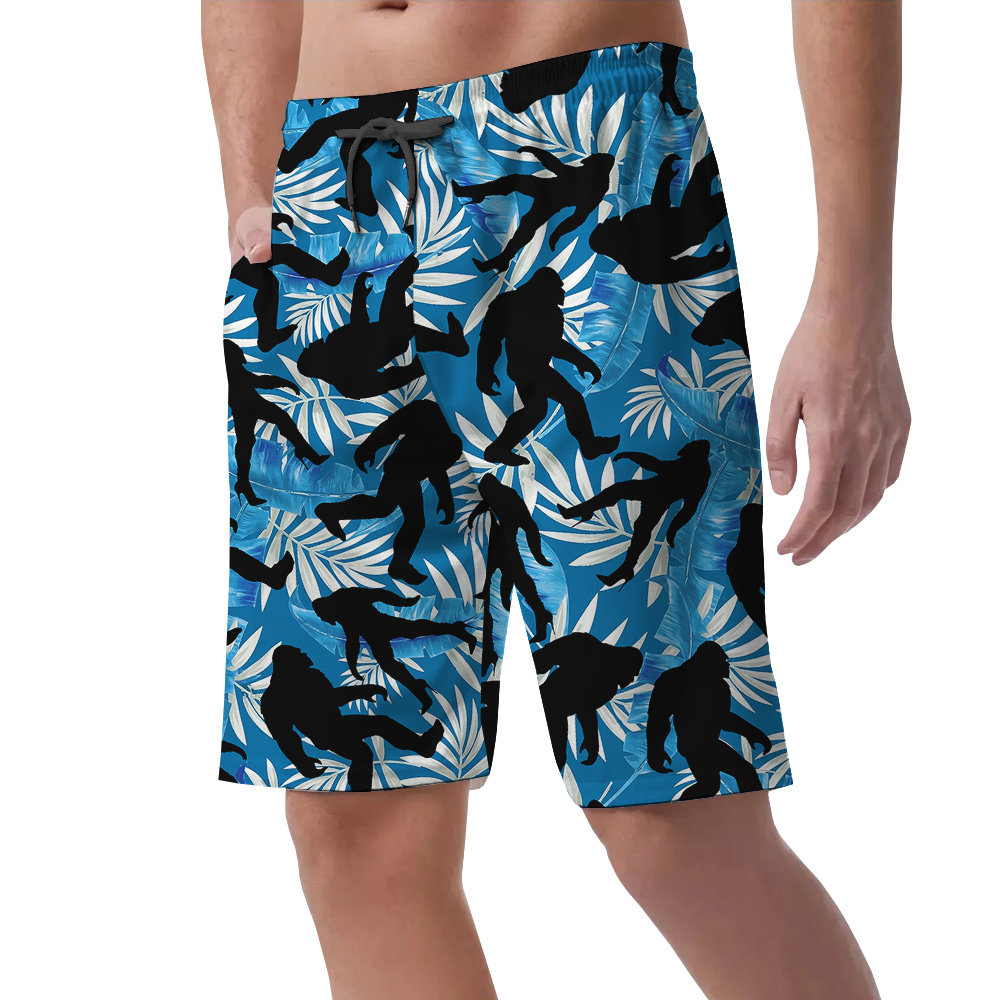 Funny Bigfoot On High Heels Tropical Leaves Navy Hawaiian Beach Shorts