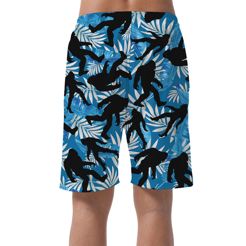 Funny Bigfoot On High Heels Tropical Leaves Navy Hawaiian Beach Shorts