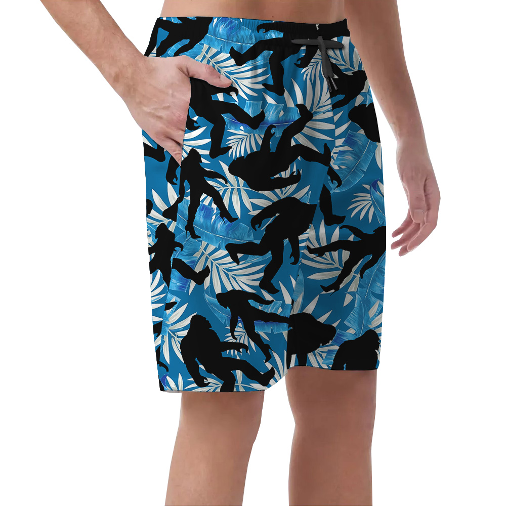 Funny Bigfoot On High Heels Tropical Leaves Navy Hawaiian Beach Shorts