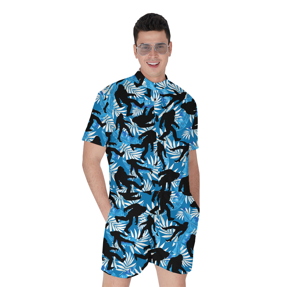 Tropical Leaves Sasquatch High Heels Navy Hawaiian Men's Romper - variant image 1
