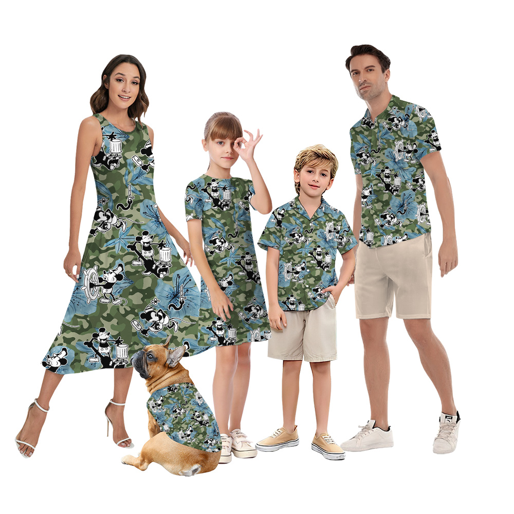 Hibiscus Camouflage Steamboat Willie Mickey Green Matching Family Hawaiian Outfits - variant image 1