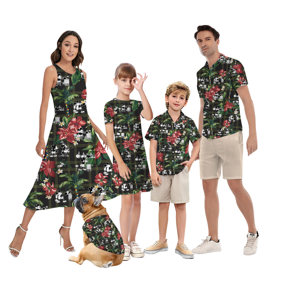 Poisettia Palm Tree Steamboat Willie Mickey Matching Family Hawaiian Shirts And Dresses - variant image 1