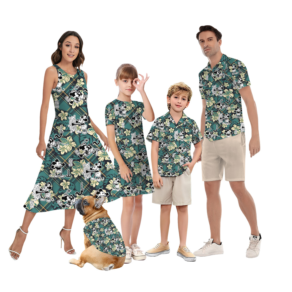 Vintage Steamboat Willie Mickey Hibiscus Green Matching Hawaiian Outfits For Family - variant image 1