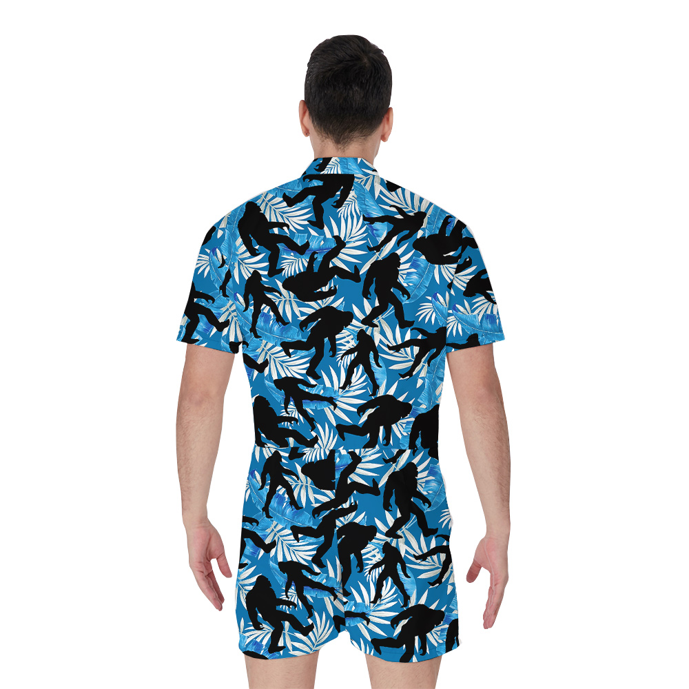 Tropical Leaves Sasquatch High Heels Navy Hawaiian Men's Romper