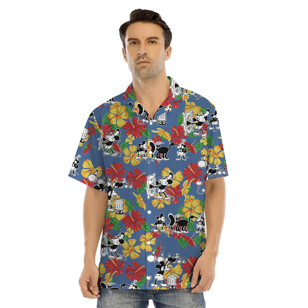 Colorful Hibiscus Steamboat Willie Mickey Family Matching Hawaiian Outfits