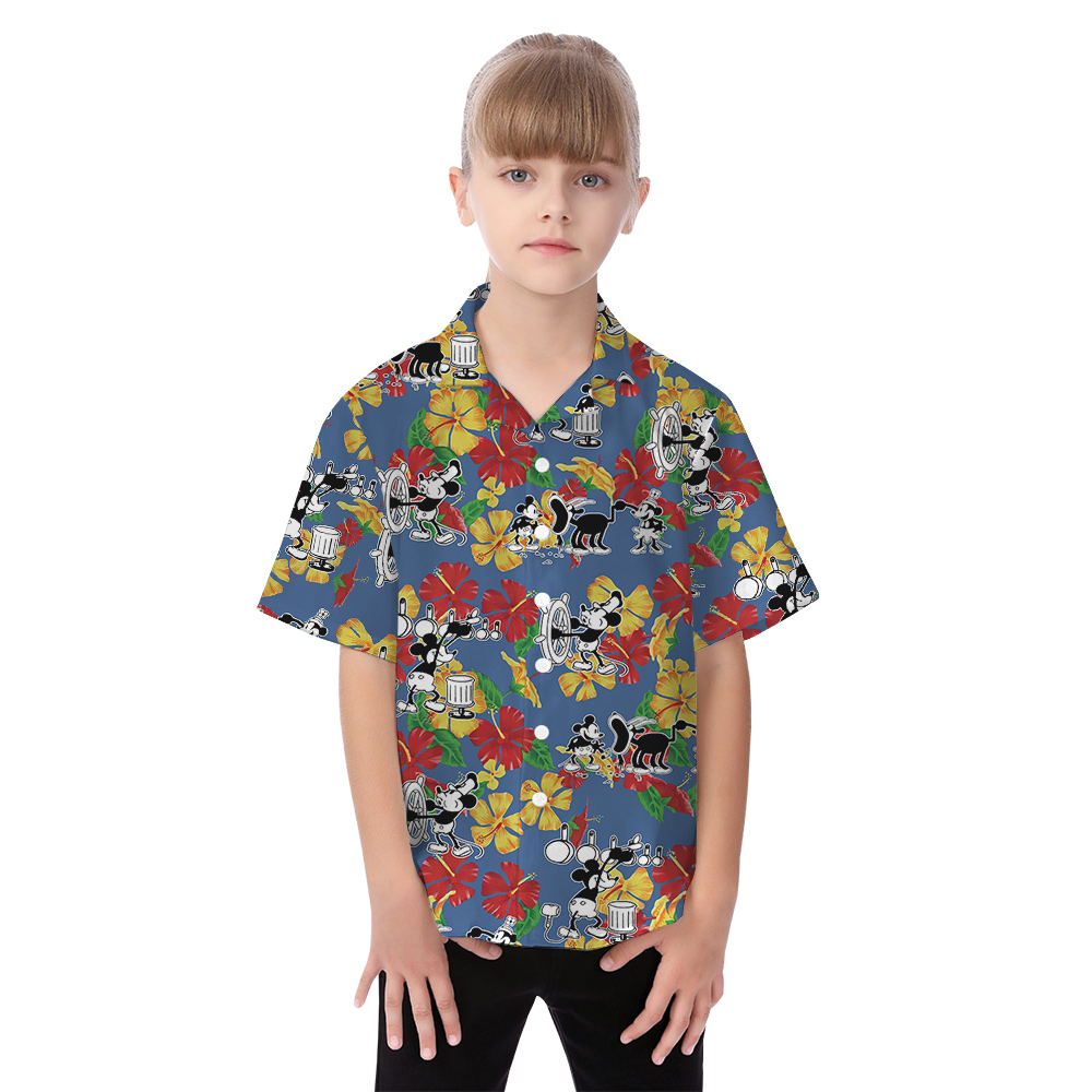 Colorful Hibiscus Steamboat Willie Mickey Family Matching Hawaiian Outfits