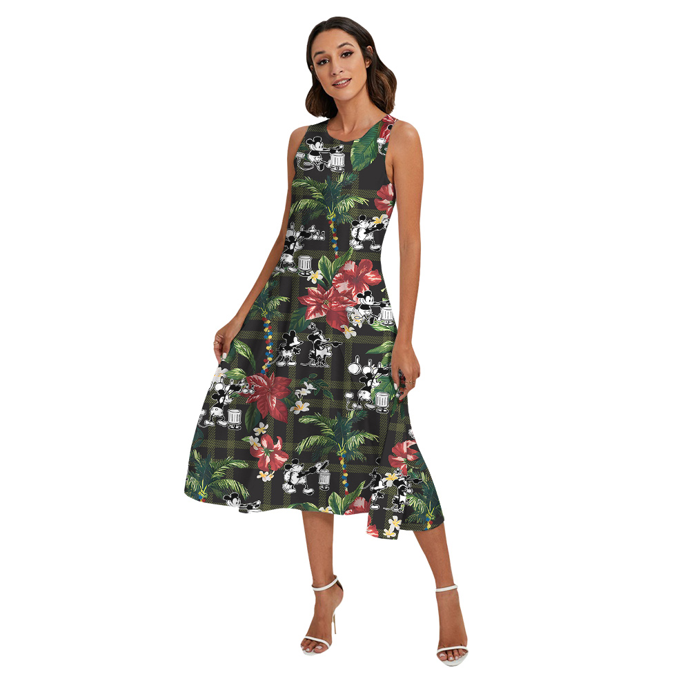 Poisettia Palm Tree Steamboat Willie Mickey Matching Family Hawaiian Shirts And Dresses
