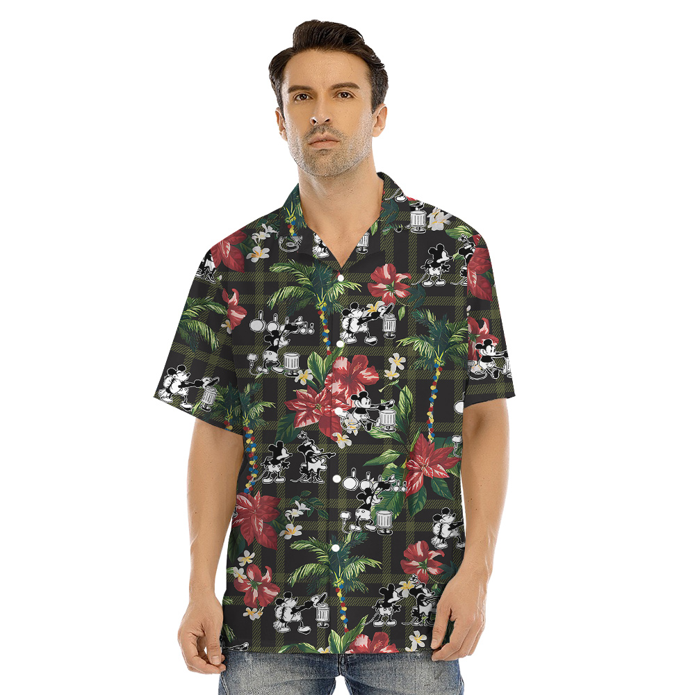 Poisettia Palm Tree Steamboat Willie Mickey Matching Family Hawaiian Shirts And Dresses