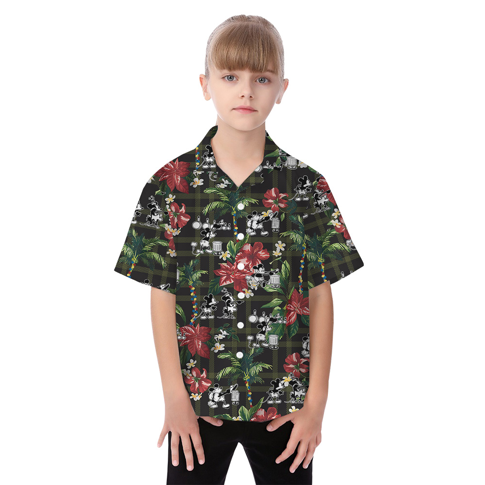 Poisettia Palm Tree Steamboat Willie Mickey Matching Family Hawaiian Shirts And Dresses