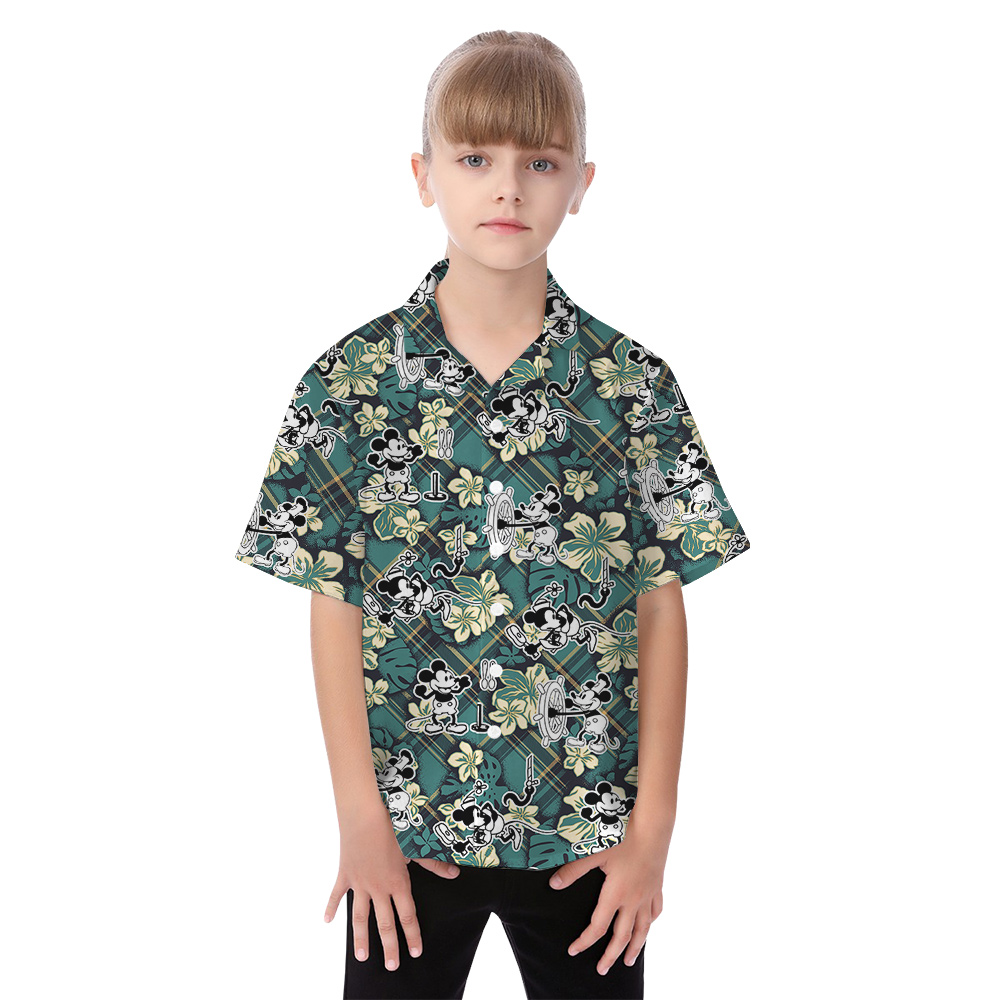 Vintage Steamboat Willie Mickey Hibiscus Green Matching Hawaiian Outfits For Family