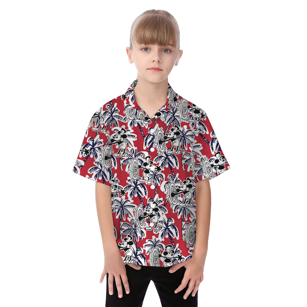 Funny Mickey Steamboat Willie Tropical Palm Tree Red Matching Family Hawaiian Outfits
